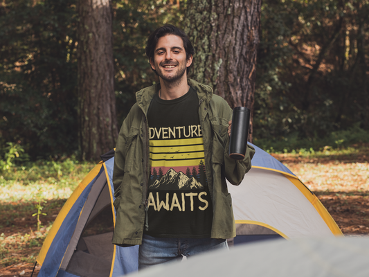 Adventure Awaits T-shirt, Unisex Garment-Dyed Tee, Graphic Shirt for Outdoor Lovers, Camping Gift, Travel Apparel - Graffiti