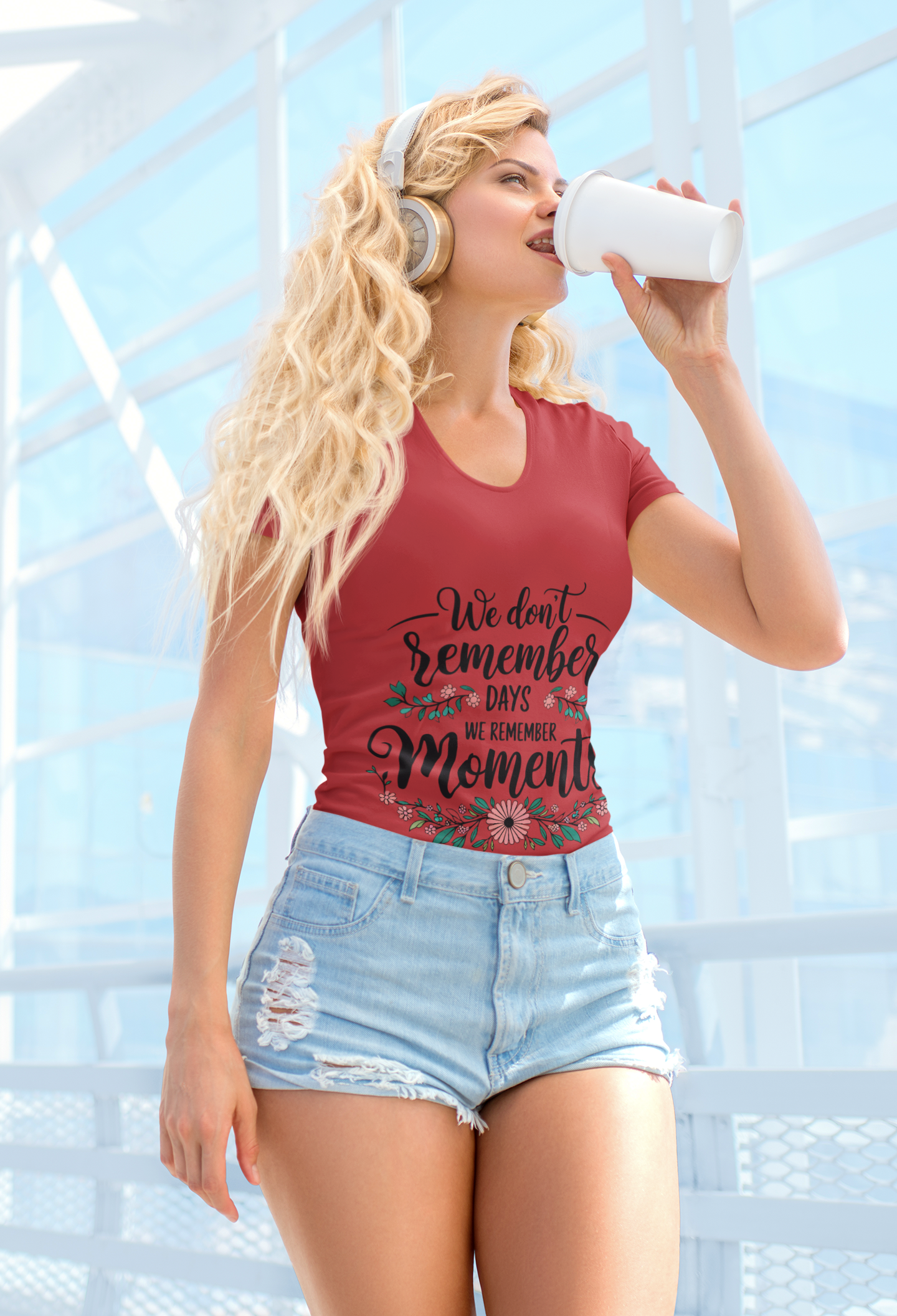 Women V-Neck Tee - We Don't Remember Days But We Remember Moments - Graffiti